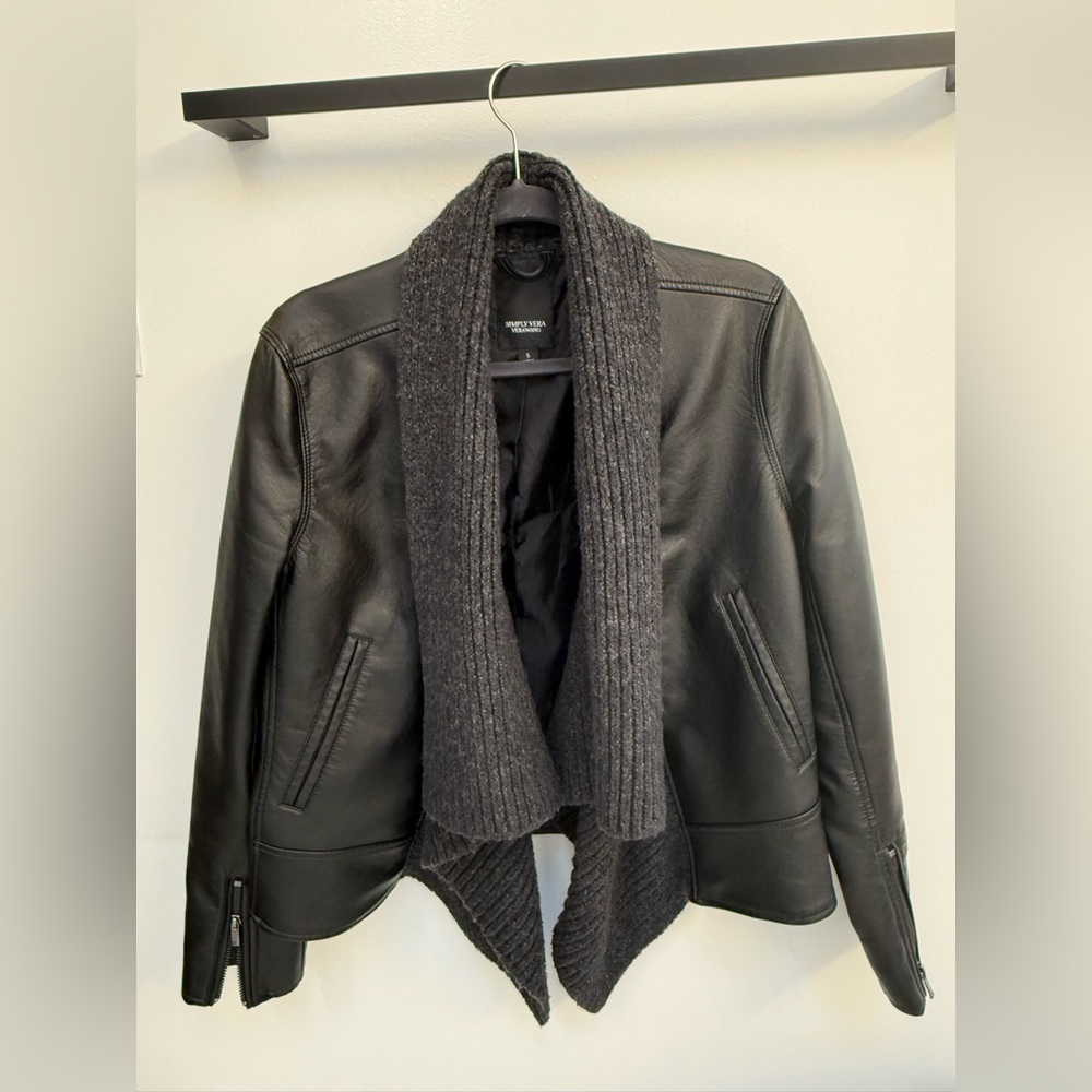 Vera Wang Black faux Leather Jacket with Charcoal Knit Collar